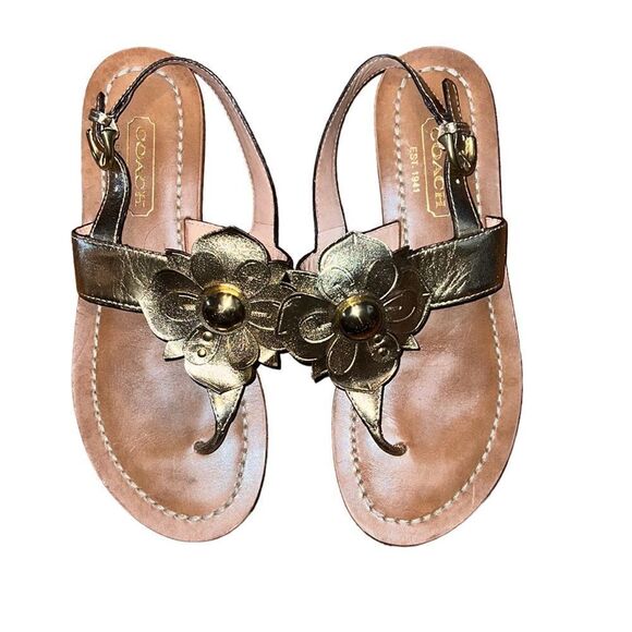 Coach Gold Leather Thong Sandals Size 6 B - Picture 2 of 7